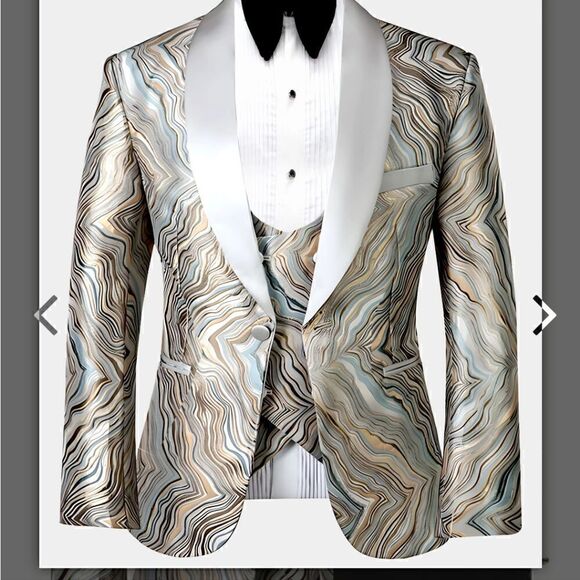 Gentlemens guru abstract print gold and champagne tuxedo jacket and vest - Picture 3 of 16